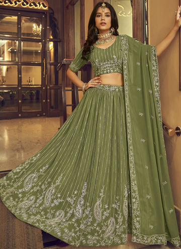 Incredible Faux Georgette Mehendi Green Viscose Work Lehenga